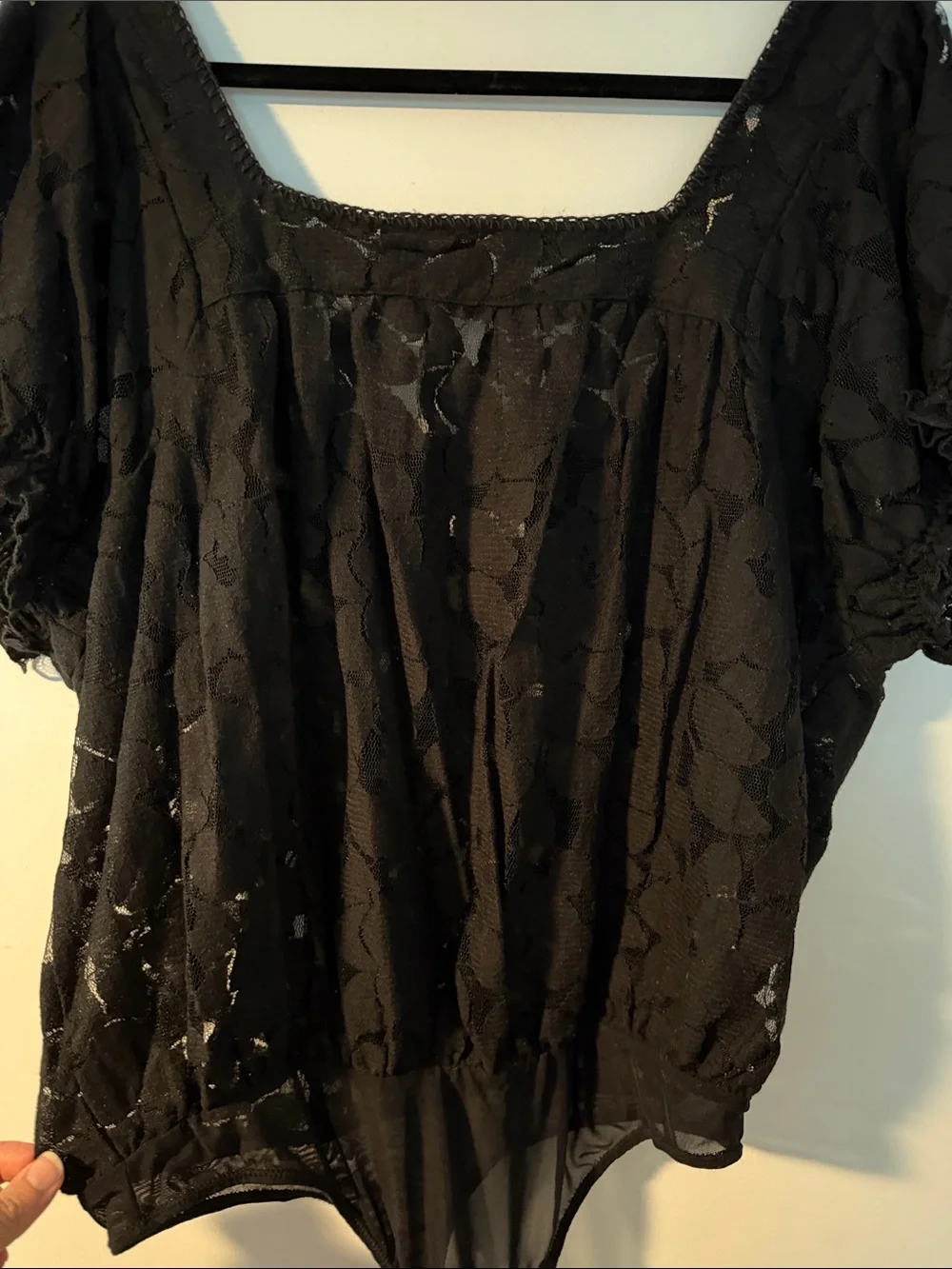 Free People Black Lace Puff Sleeve Bodysuit